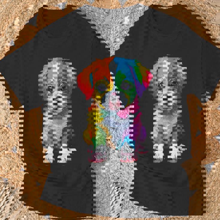 カラフルなかわいい子犬 愛らしい犬 Tシャツ 高齢者への贈り物