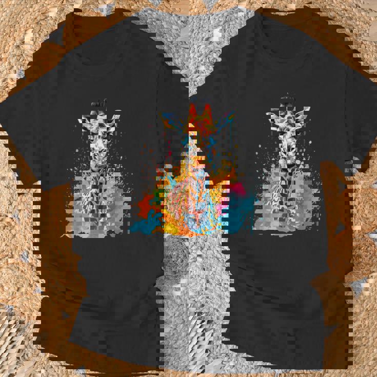 カラフルなキリン 動物 恋人 スプラッシュアート Tシャツ 高齢者への贈り物