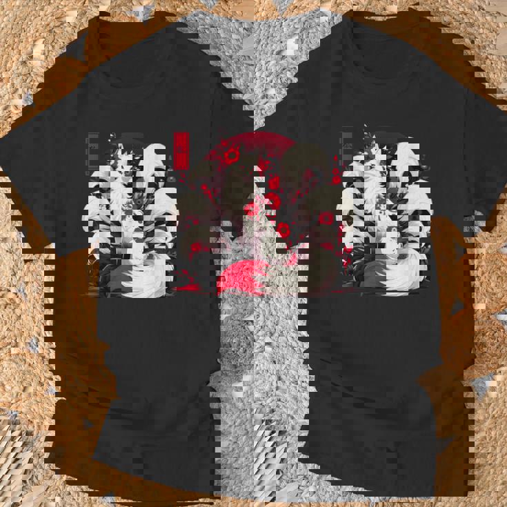 キツネ キツネ 赤いクモユリ 花 日本の九尾キツネ Tシャツ 高齢者への贈り物