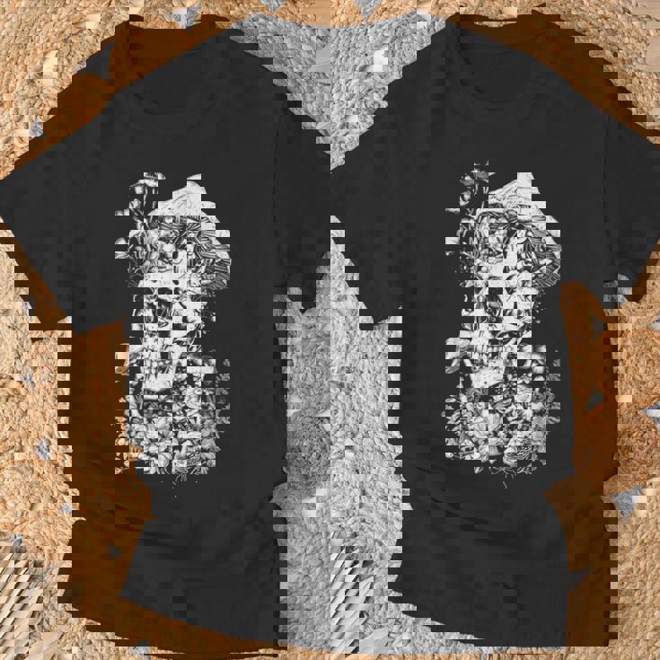 キノコや花があしらわれた骸骨の幻覚的なイラスト Tシャツ 高齢者への贈り物