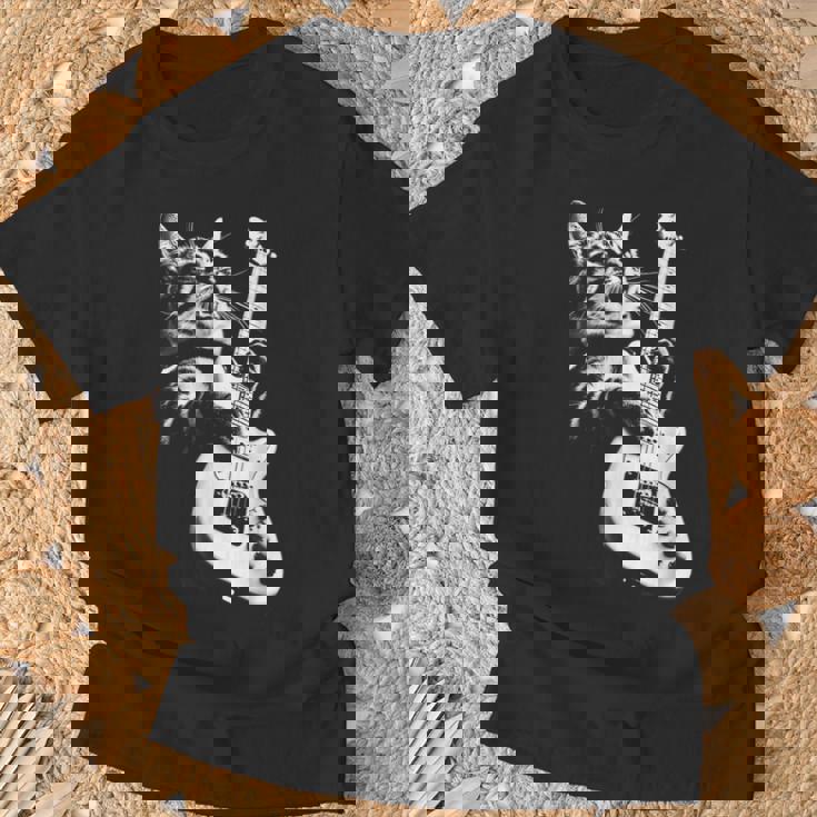 ギターを弾くロック猫 面白いギター猫 Tシャツ 高齢者への贈り物