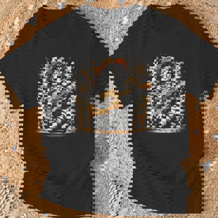 ギターを弾く猫 面白いロックミュージックギター猫 Tシャツ 高齢者への贈り物