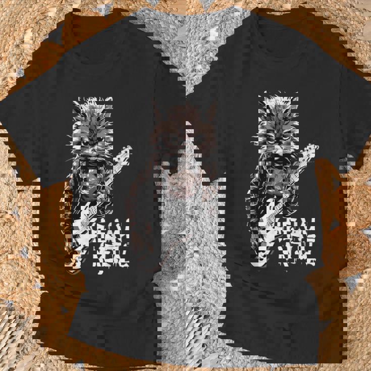 ギターを弾く猫 ヘヴィメタル ロックキャット おもしろギタリスト Tシャツ 高齢者への贈り物