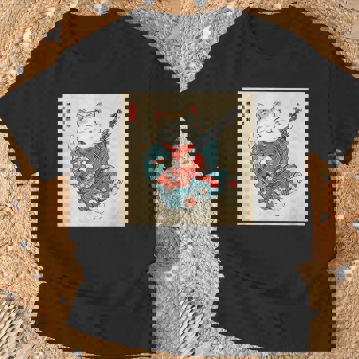 ギター奏でる猫 着物姿 ヴィンテージ 日本美術 面白い Tシャツ 高齢者への贈り物
