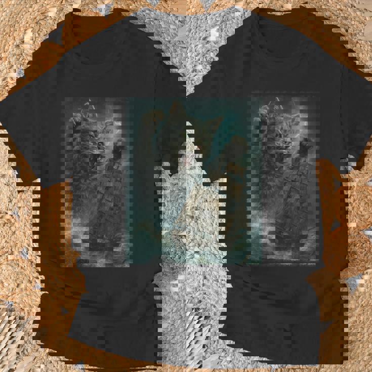 クラーケンの海の怪獣が海に潜る海賊船を襲う巨大猫 Tシャツ 高齢者への贈り物