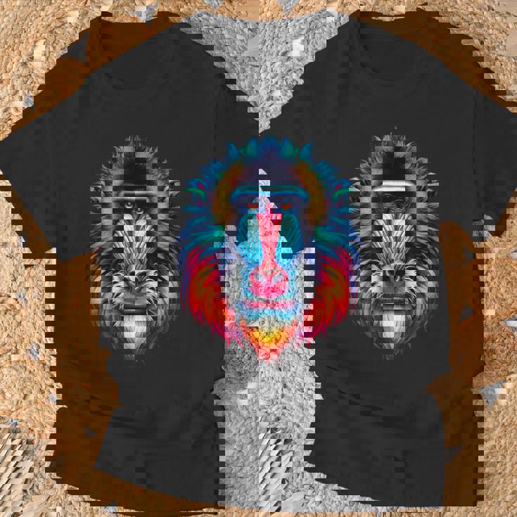 クール マンドリル 猿の精霊 動物 イラスト 絞り染め アート Tシャツ 高齢者への贈り物