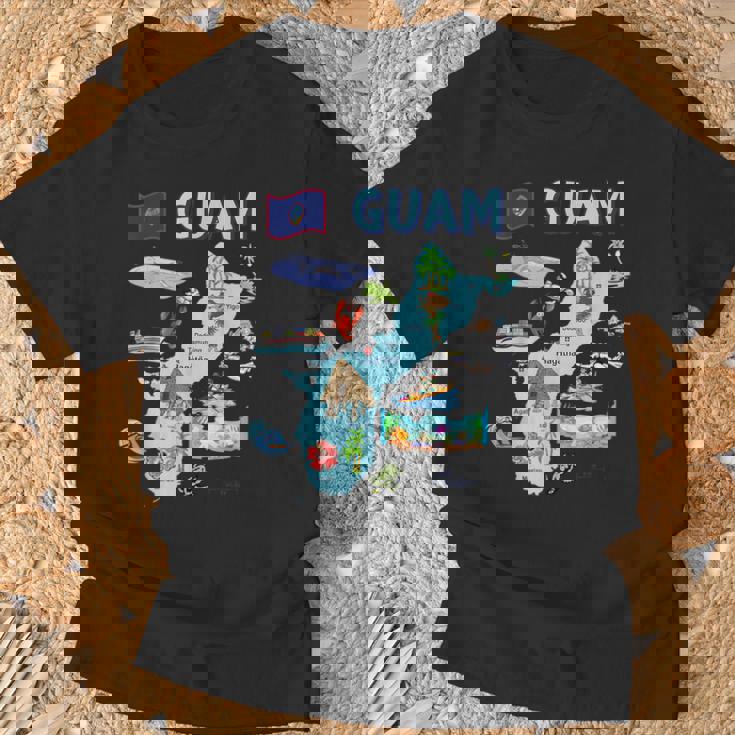 グアム、主要都市、旗、アメリカの観光名所地図 Tシャツ 高齢者への贈り物