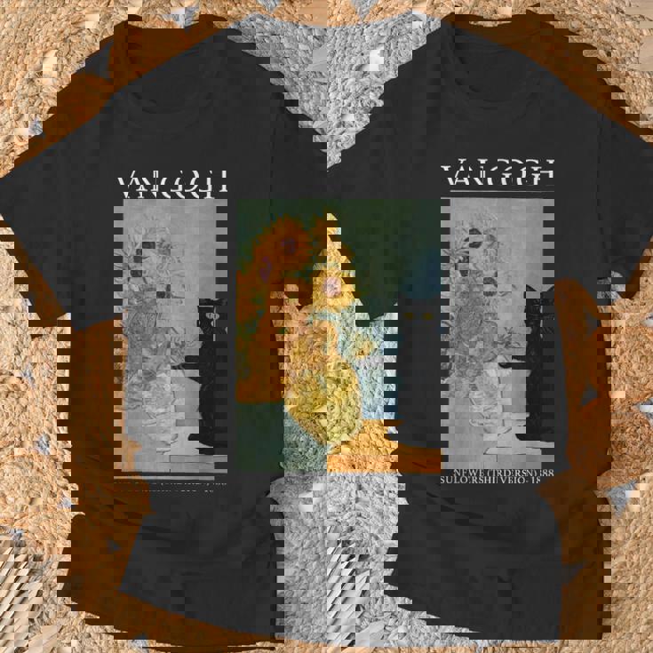 ゴッホ 黒猫 ひまわり おもしろ猫 Tシャツ 高齢者への贈り物