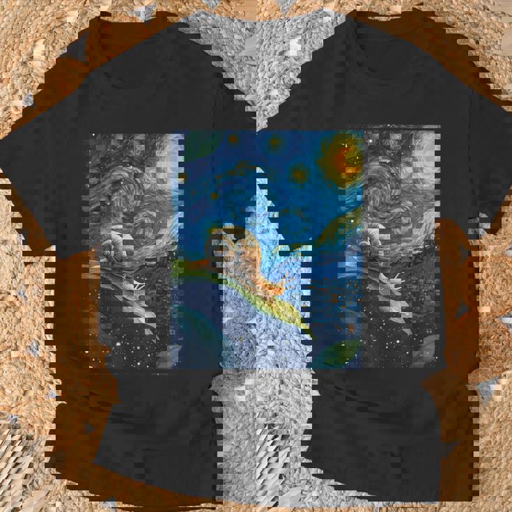 ゴッホの星空の夜のカタツムリスローモーバー動物愛好家 Tシャツ 高齢者への贈り物