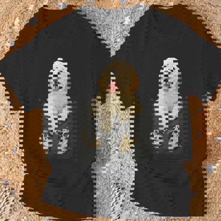 ゴールデンレトリバー ポケットに入った子犬 Tシャツ 高齢者への贈り物