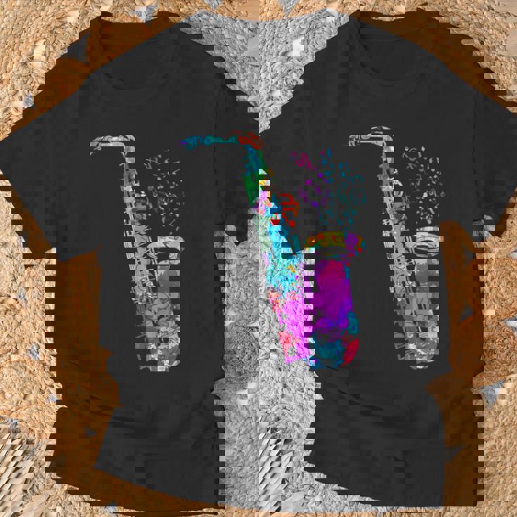 サクソフォン プレーヤー ジャズ 音符 サクソフォン カラフル サックス Tシャツ 高齢者への贈り物