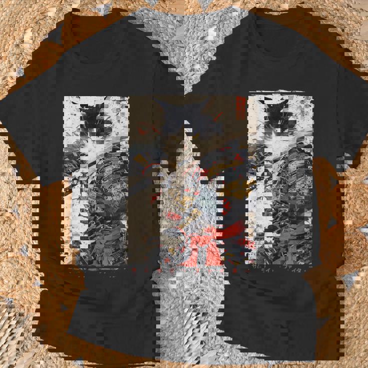 サムライ 猫戦士 浮世 墨絵 猫 サムライ Tシャツ 高齢者への贈り物