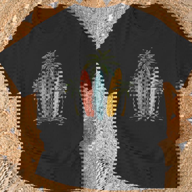 サーファー ヴィンテージ サーフボード ヤシの木 ビーチ サーフィン Tシャツ 高齢者への贈り物