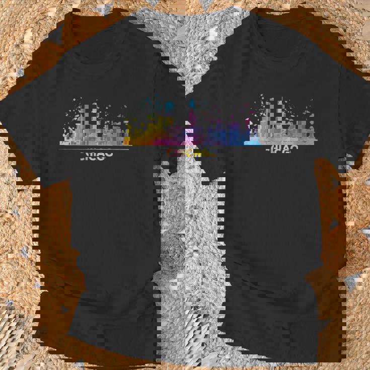 シカゴのスカイライン カラフル 街並み シカゴ Tシャツ 高齢者への贈り物