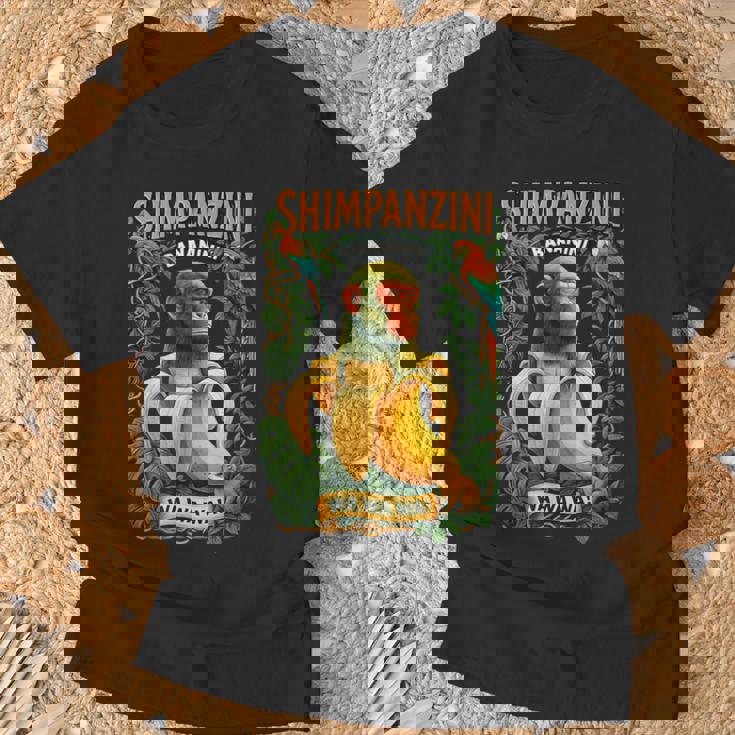 シンパンジーニ バナニーニ イタリアンブレイン チンパンジーとバナナ Tシャツ 高齢者への贈り物