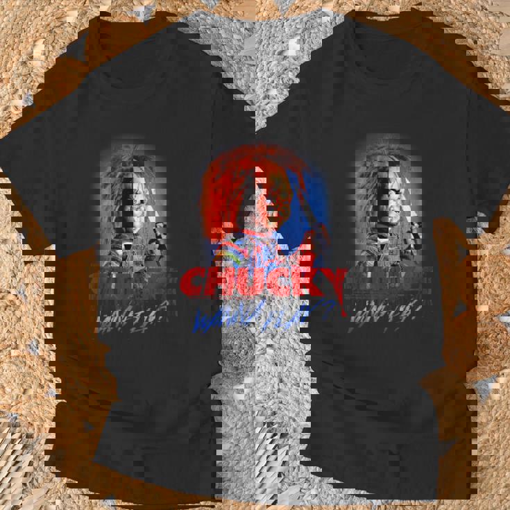 チャッキー・ワナ・プレイ・ブラッディ・ナイフ Tシャツ 高齢者への贈り物