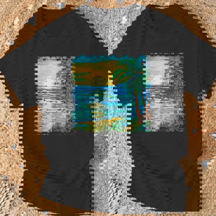 トロピカルビーチ 太陽 オーシャン ヤシの木 ゴッホスタイル アートデザイン Tシャツ 高齢者への贈り物