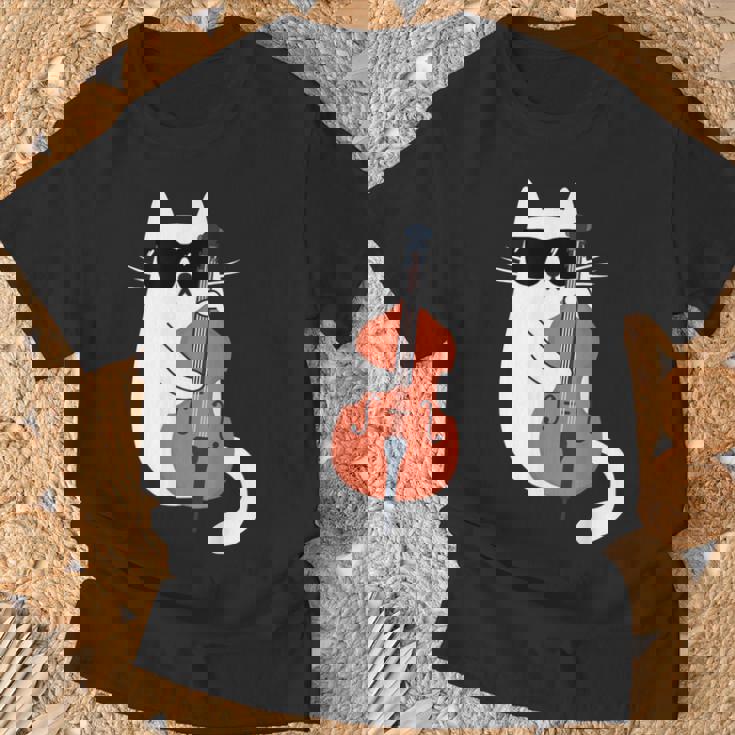 ネコとコントラバス 猫とサングラス ネコ好き 猫飼い コントラバス ウッドベース ダブルベース ジャズ音楽 ネコ 猫 Tシャツ 高齢者への贈り物