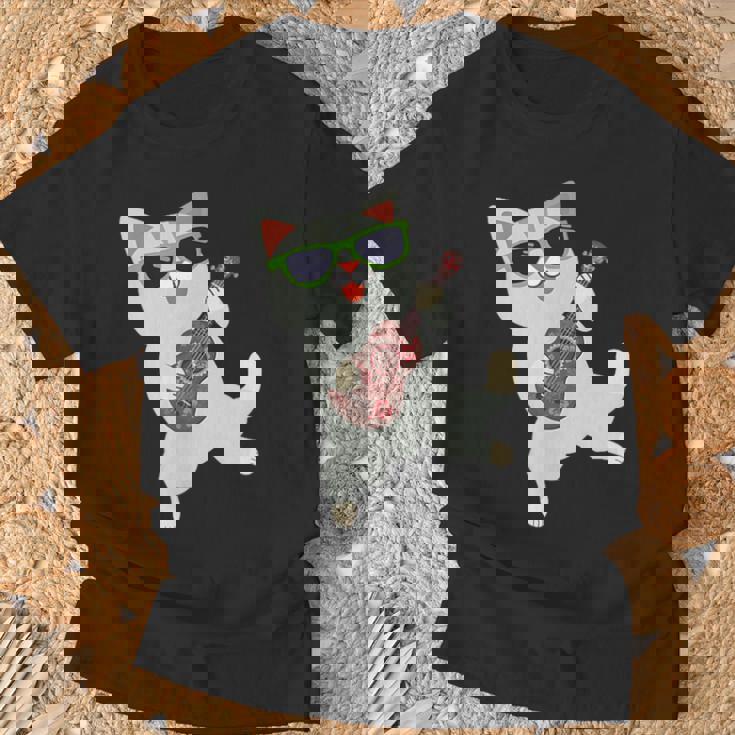 ハワイアンウケ猫遊びウクレレバッジポケット Tシャツ 高齢者への贈り物