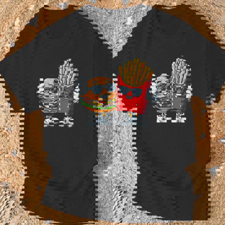 ハンバーガーフライドポテトファーストフード愛好家アート 面白いユーモアコンボプリント Tシャツ 高齢者への贈り物