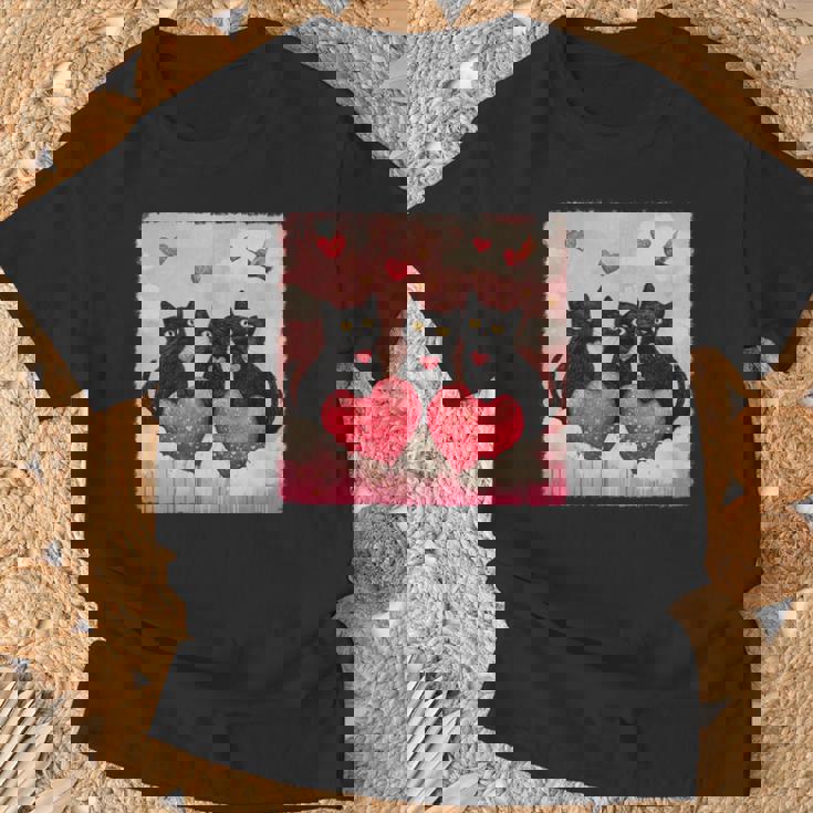 ハートのある黒猫 バレンタインデー アートペインティング Tシャツ 高齢者への贈り物