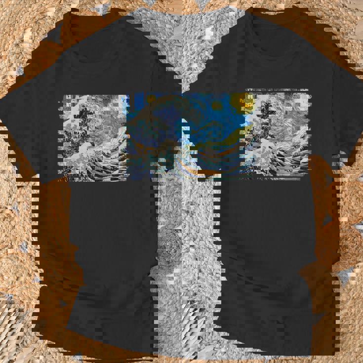 バンゴッホの星空と北斎の富嶽三十六景波絵の融合 Tシャツ 高齢者への贈り物
