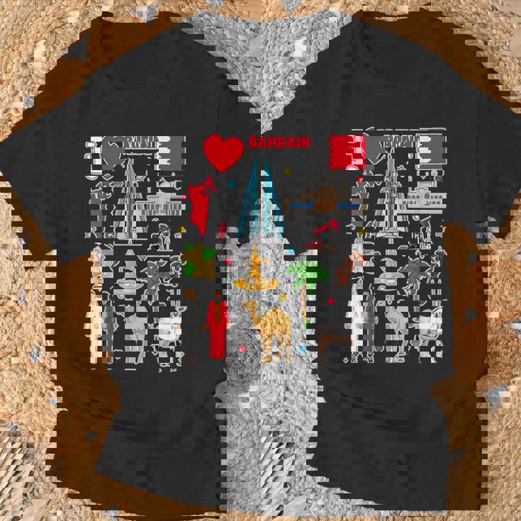 バーレーンの手描きシンボル、バーレーンの地図、文化的アイコン Tシャツ 高齢者への贈り物