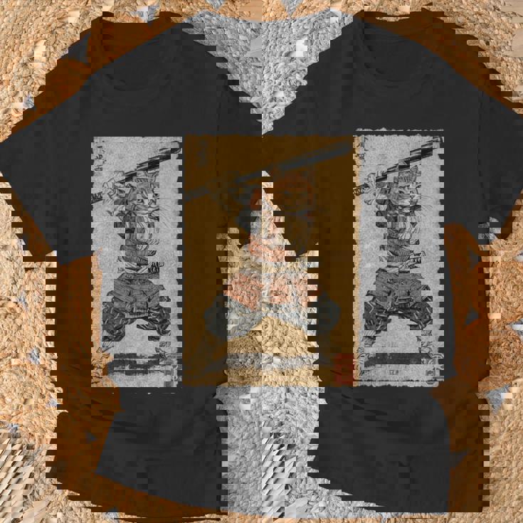 ビンテージアニメ 日本美術 野球選手の侍猫 長袖tシャツ Tシャツ 高齢者への贈り物