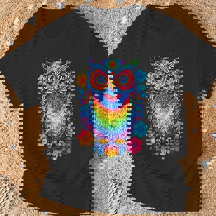 フクロウと花 カラフルなアートワーク フクロウの恋人 Tシャツ 高齢者への贈り物