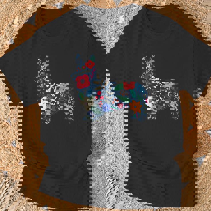 フローラルコーギーシルエット コーギー犬愛好家 Tシャツ 高齢者への贈り物