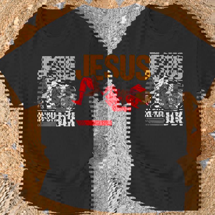 ブラジリアン柔術 ジーザス・ハズ・ユア・バック 面白いクリスチャンbjj Tシャツ 高齢者への贈り物