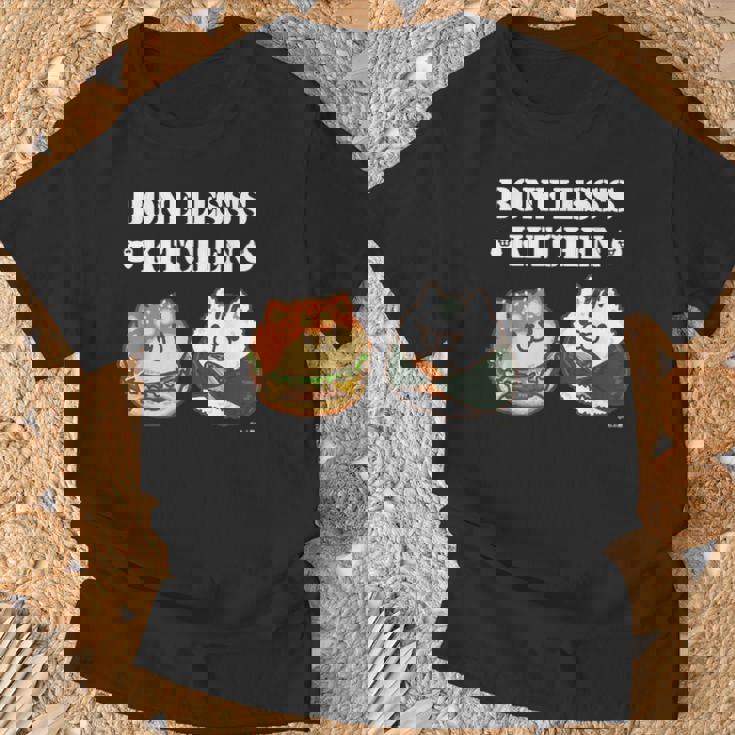 ボンレス犬とボンレス猫 ハンバーガーとおにぎり ダークカラー Tシャツ 高齢者への贈り物