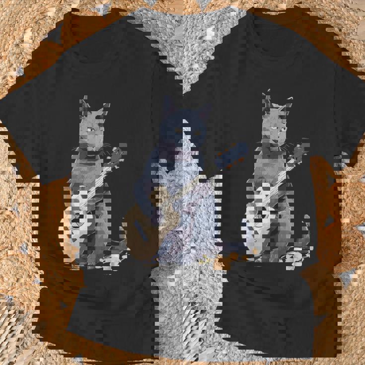 ミュージシャン ロシアンブルー猫 ギタリスト 猫とギター Tシャツ 高齢者への贈り物