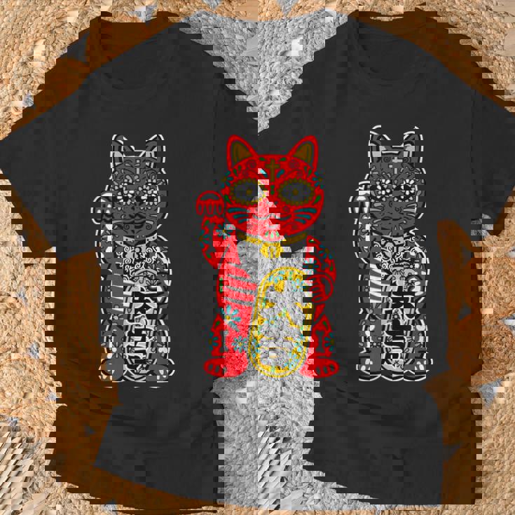 メキシコ 死者の日 と 招き猫 ネコ を組合わせた シュガー スカル キャット 赤 レッド 大吉 猫好き ねこマニア Tシャツ 高齢者への贈り物