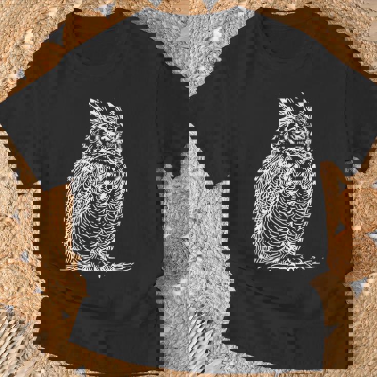 ラインアート 鳥・鳥類学者 オオツノフクロウ Tシャツ 高齢者への贈り物