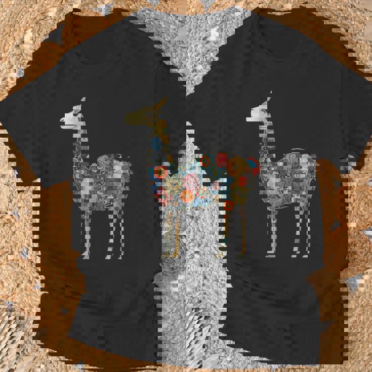 ラマ アルパカ フローラル カラフル 花 ペルーのお土産 Tシャツ 高齢者への贈り物