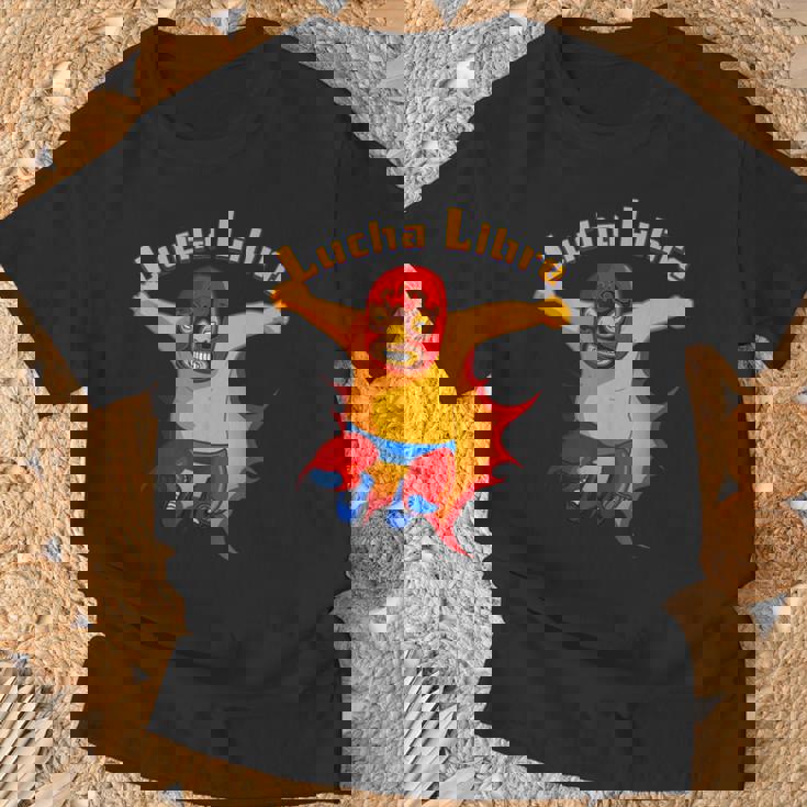 ルチャリブレメキシコ覆面レスラー漫画アクションポーズ Tシャツ 高齢者への贈り物