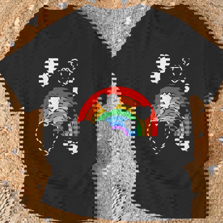 レインボーカラー ホワイト ハート ハート 雨 虹 旗 Tシャツ 高齢者への贈り物