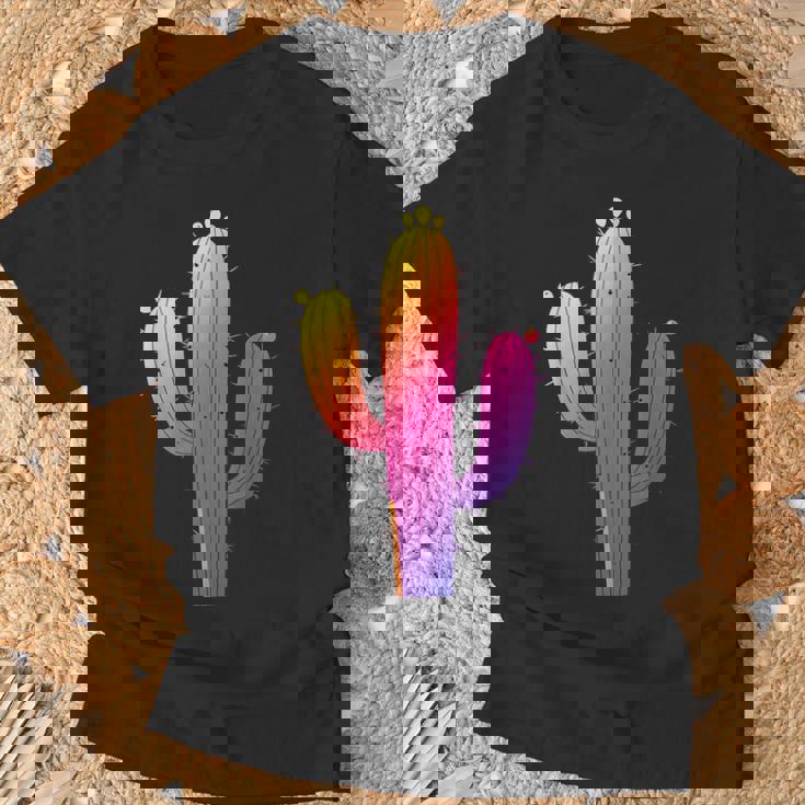 レインボーサボテン 砂漠の夕日と太陽の雰囲気 Tシャツ 高齢者への贈り物