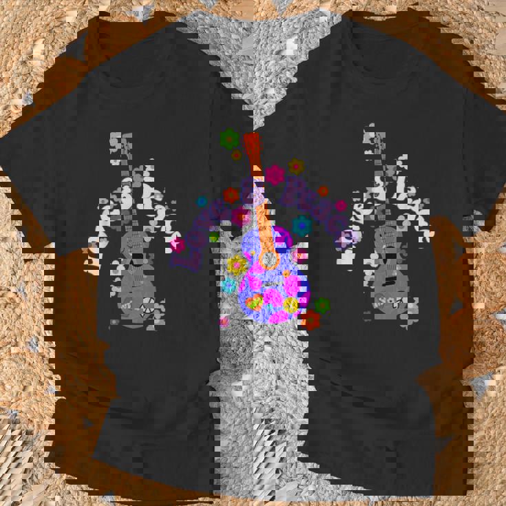 レトロフラワーパワーギター-ラブアンドピース2-ファンファン Tシャツ 高齢者への贈り物