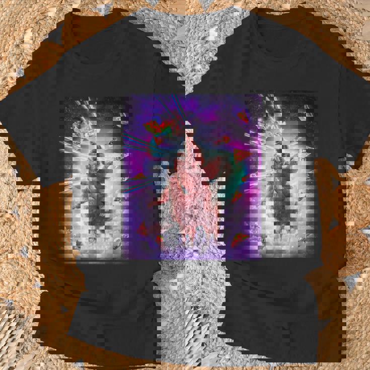 レーザーアイズスペースキャットライディングナマケモノ、ラマ-レインボー Tシャツ 高齢者への贈り物