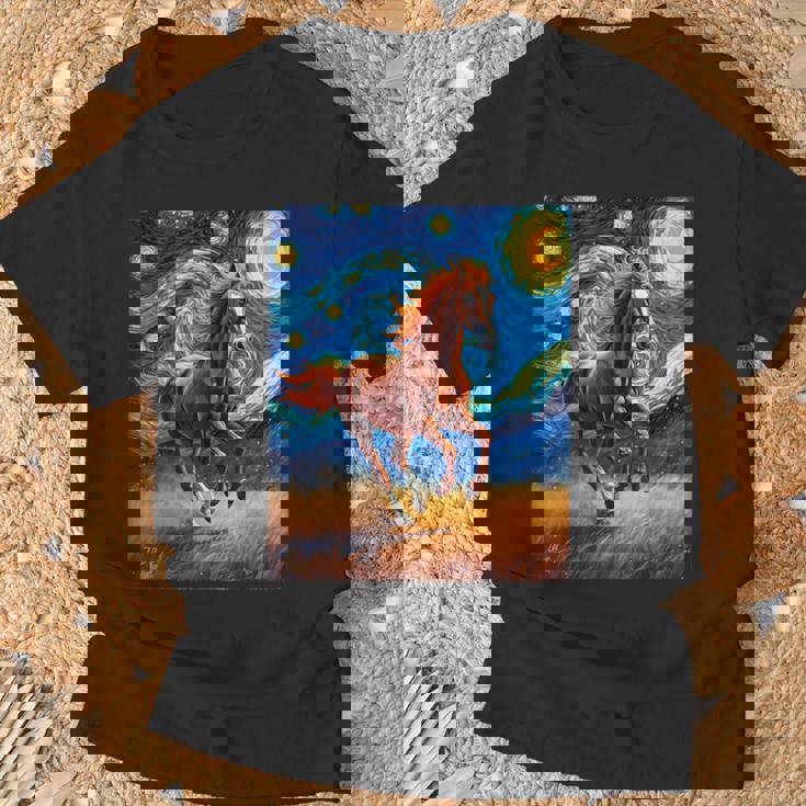 ヴァンゴッホの星空の夜ワイルドホースマスタングアニマル愛好家 Tシャツ 高齢者への贈り物