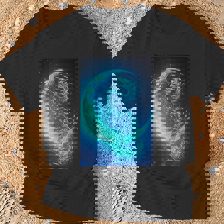 三日月のドラゴン ブルーギャラクシー天文学 アート Tシャツ 高齢者への贈り物