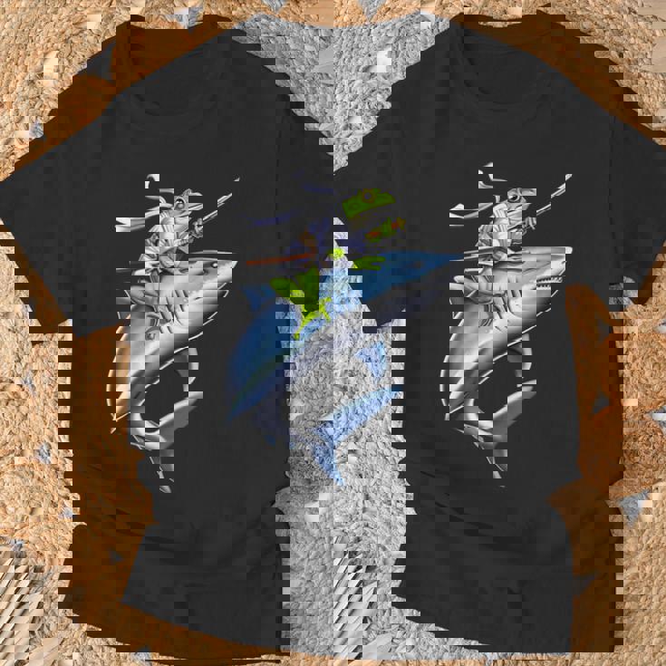 侍ニンジャカエルがサメに乗る日本の戦士面白い Tシャツ 高齢者への贈り物