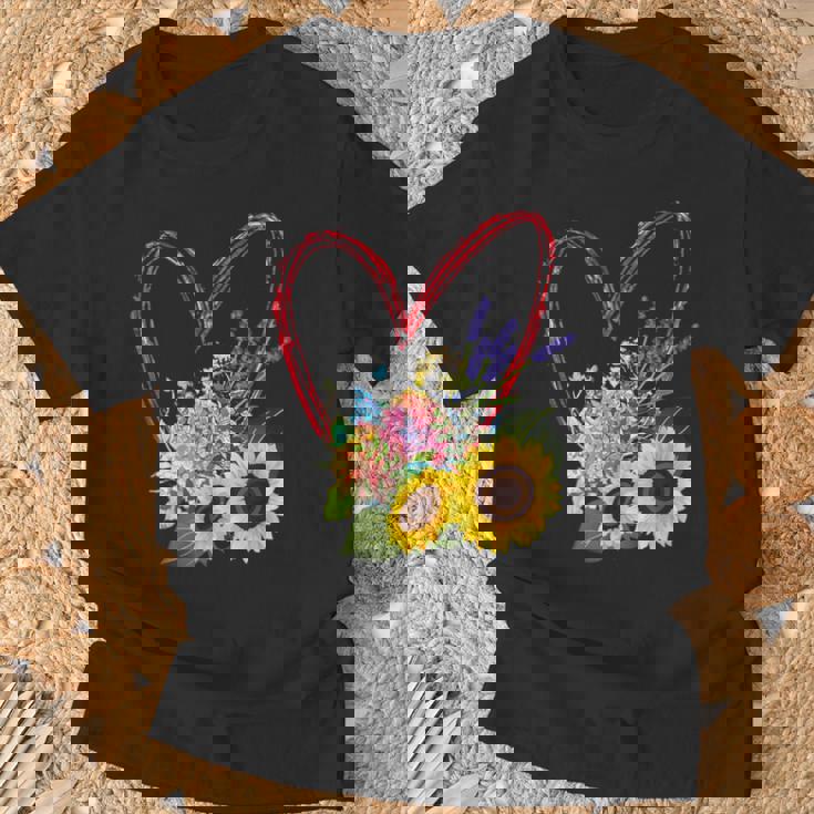 夏の花のデザイン、ひまわり、ラベンダー、アジサイ Tシャツ 高齢者への贈り物