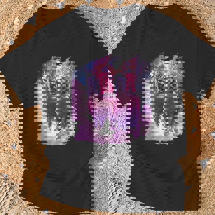 宇宙で虹色のラマに乗る子猫 Tシャツ 高齢者への贈り物