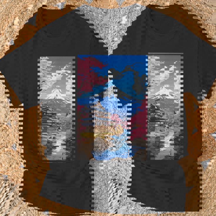 寺と富士山のある日本の風景 Tシャツ 高齢者への贈り物