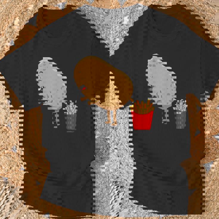 愉快なフライドポテト食べ物デザイン 男女兼用 Tシャツ 高齢者への贈り物