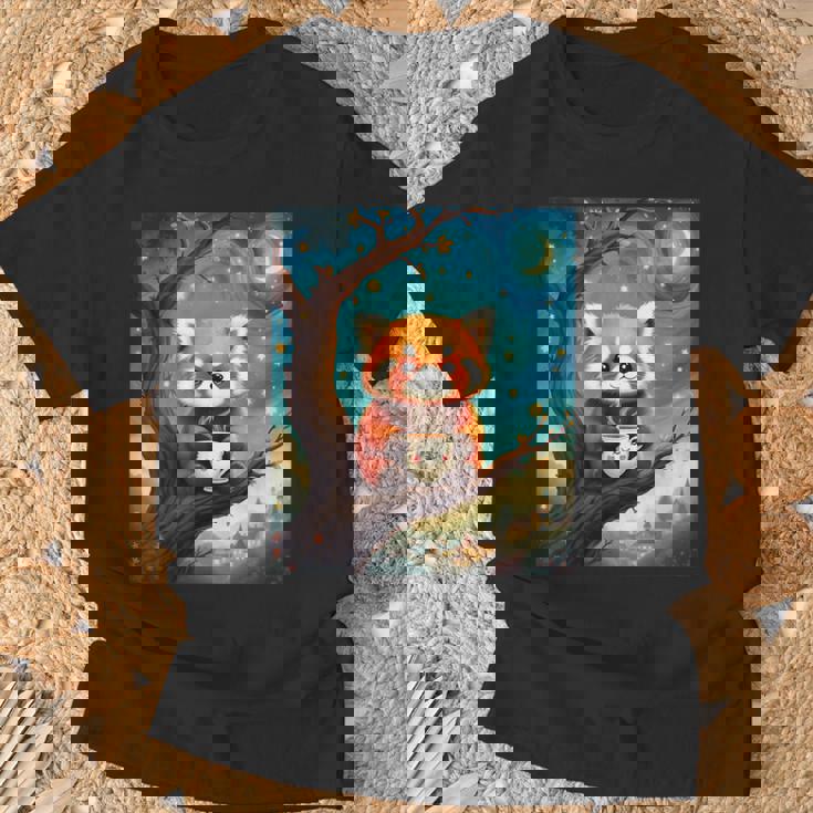 愛らしいレッサーパンダとティーカップの星月夜イラスト Tシャツ 高齢者への贈り物