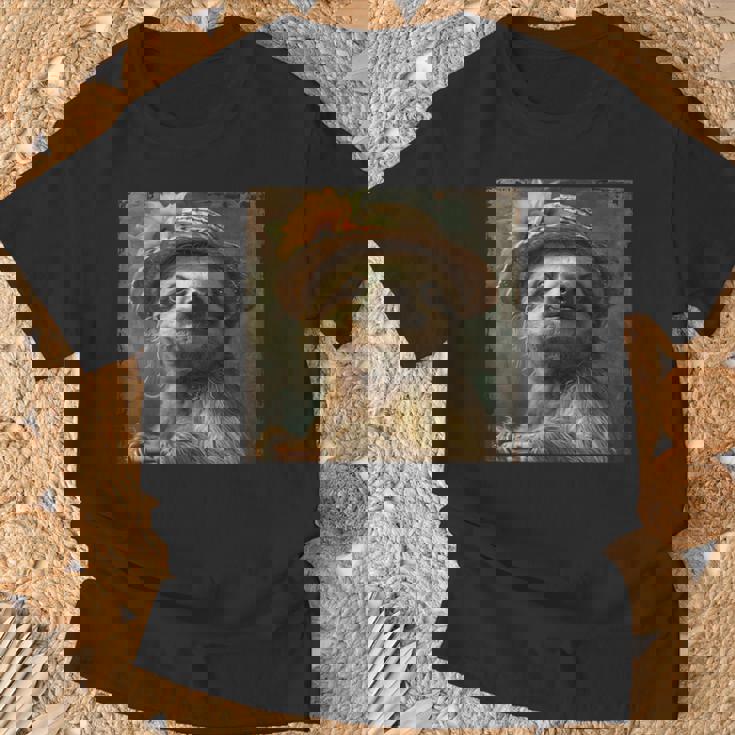 日よけ帽子をかぶったかわいいナマケモノ、面白いナマケモノ Tシャツ 高齢者への贈り物